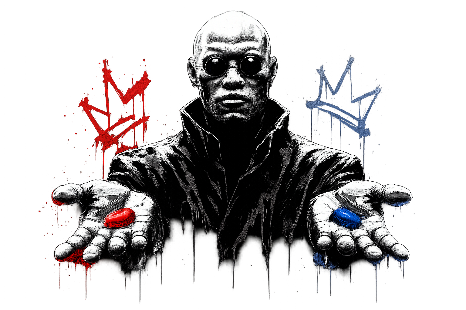 Morpheus държи червено и синьо хапче